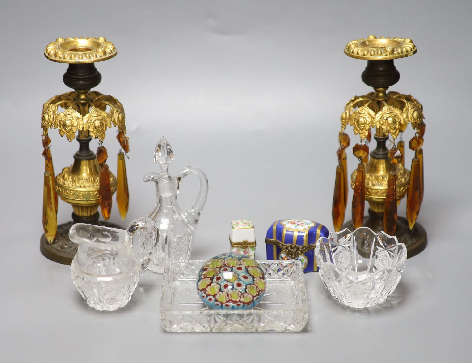 A group of mixed collectables to include a pair of 19th century table lustres, two porcelain scent bottle boxes, a paperweight and glas